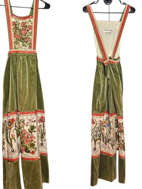 Victor Costa For Neiman Marcus, 1970s Era Olive Green Velvet Botanical Dress